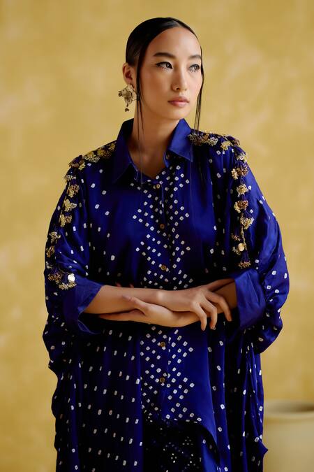 5elements Blue Modal, Satin Beads, Tassels Bandhani Pattern Embellished Kaftan Online at Aza Fashions 5elements_Blue Modal, Satin Beads, Tassels Bandhani Pattern Embellished Kaftan_Online_at_Aza_Fashions