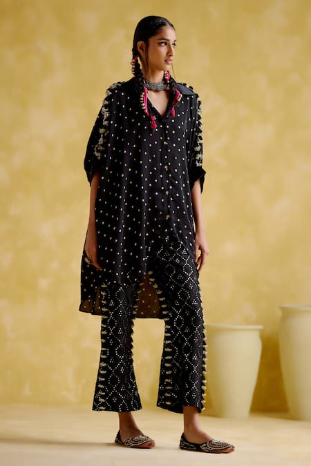 5elements Black Modal, Satin Beads, Tassels Collared Bandhani Pattern Asymmetric Kaftan Online at Aza Fashions 5elements_Black Modal, Satin Beads, Tassels Collared Bandhani Pattern Asymmetric Kaftan _Online_at_Aza_Fashions