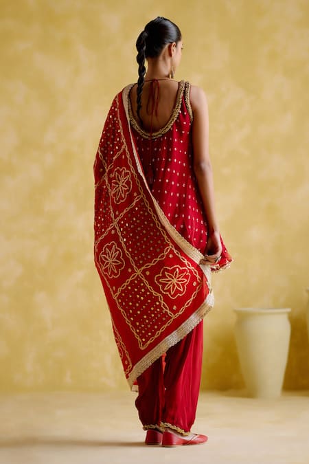 Shop 5elements Red Modal, Satin Gota Patti, Sequins Bandhani Pattern Short Anarkali Salwar Set at Aza Fashions Shop_5elements_Red Modal, Satin Gota Patti, Sequins Bandhani Pattern Short Anarkali Salwar Set _at_Aza_Fashions