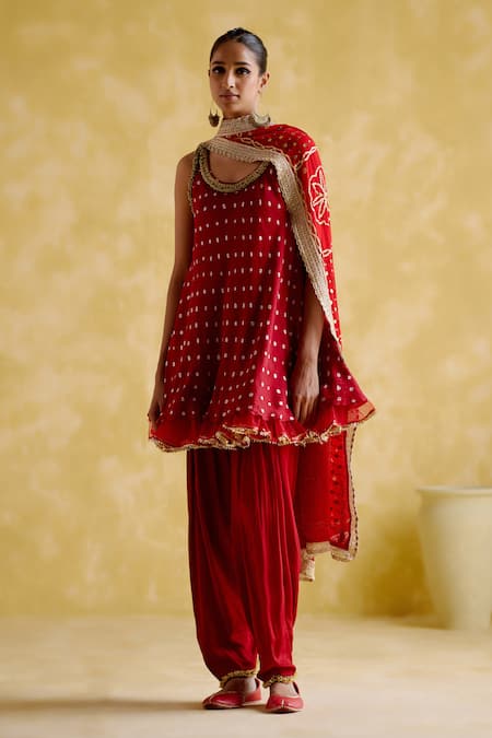 5elements Red Modal, Satin Gota Patti, Sequins Bandhani Pattern Short Anarkali Salwar Set Online at Aza Fashions 5elements_Red Modal, Satin Gota Patti, Sequins Bandhani Pattern Short Anarkali Salwar Set _Online_at_Aza_Fashions