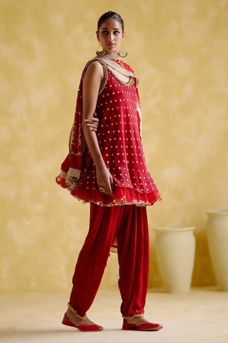 Buy 5elements Red Modal, Satin Gota Patti, Sequins Bandhani Pattern Short Anarkali Salwar Set Online at Aza Fashions Buy_5elements_Red Modal, Satin Gota Patti, Sequins Bandhani Pattern Short Anarkali Salwar Set _Online_at_Aza_Fashions