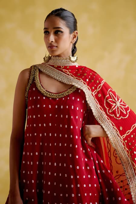 Shop 5elements Red Modal, Satin Gota Patti, Sequins Bandhani Pattern Short Anarkali Salwar Set Online at Aza Fashions Shop_5elements_Red Modal, Satin Gota Patti, Sequins Bandhani Pattern Short Anarkali Salwar Set _Online_at_Aza_Fashions