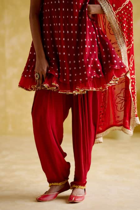 5elements Red Modal, Satin Gota Patti, Sequins Bandhani Pattern Short Anarkali Salwar Set at Aza Fashions 5elements_Red Modal, Satin Gota Patti, Sequins Bandhani Pattern Short Anarkali Salwar Set _at_Aza_Fashions