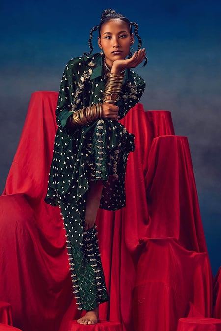 Shop_5elements_Green Modal Satin Embellished Bead Tassells Mirrorwork Pant _at_Aza_Fashions