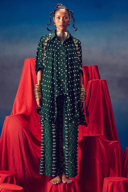 5elements_Green Modal Satin Embellished Bead Tassells Mirrorwork Pant _Online_at_Aza_Fashions