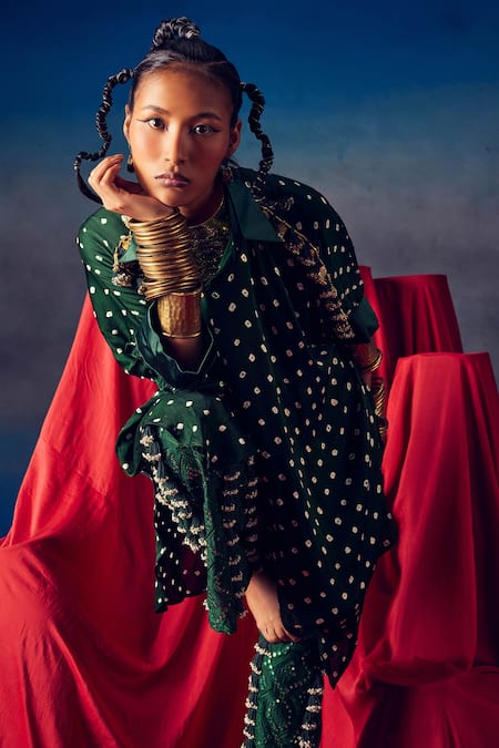 5elements_Green Modal Satin Embellished Bead Tassells Mirrorwork Pant _at_Aza_Fashions