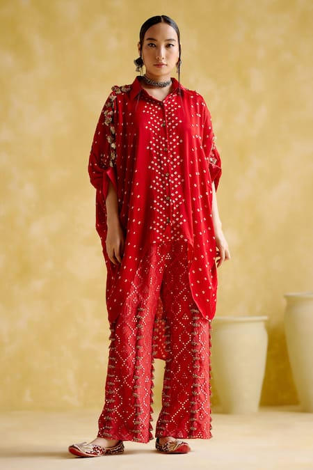 5elements Red Modal, Satin Beads, Mirrors Tassel Embellished Pant Online at Aza Fashions 5elements_Red Modal, Satin Beads, Mirrors Tassel Embellished Pant _Online_at_Aza_Fashions