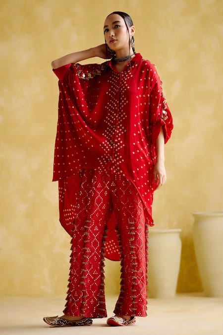 Shop 5elements Red Modal, Satin Beads, Mirrors Tassel Embellished Pant Online at Aza Fashions Shop_5elements_Red Modal, Satin Beads, Mirrors Tassel Embellished Pant _Online_at_Aza_Fashions