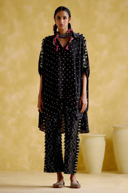 5elements Black Modal, Satin Beads, Mirrors Tassel Embellished Pant Online at Aza Fashions 5elements_Black Modal, Satin Beads, Mirrors Tassel Embellished Pant _Online_at_Aza_Fashions