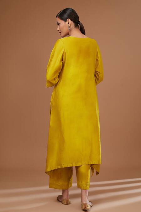 Shop BAIDEHI Yellow Chanderi Silk, Cotton Satin, Chiffon Pitta Work Asymmetric Kurta Pant Set at Aza Fashions Shop_BAIDEHI_Yellow Chanderi Silk, Cotton Satin, Chiffon Pitta Work Asymmetric Kurta Pant Set_at_Aza_Fashions