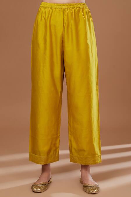 BAIDEHI Yellow Chanderi Silk, Cotton Satin, Chiffon Pitta Work Asymmetric Kurta Pant Set Online at Aza Fashions BAIDEHI_Yellow Chanderi Silk, Cotton Satin, Chiffon Pitta Work Asymmetric Kurta Pant Set_Online_at_Aza_Fashions