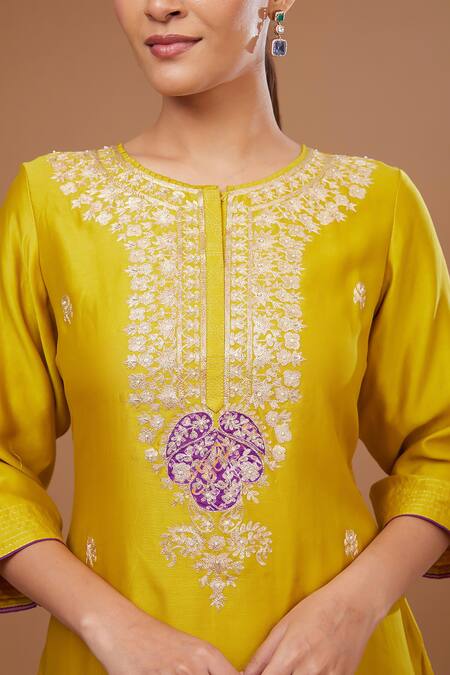 Buy BAIDEHI Yellow Chanderi Silk, Cotton Satin, Chiffon Pitta Work Asymmetric Kurta Pant Set Online at Aza Fashions Buy_BAIDEHI_Yellow Chanderi Silk, Cotton Satin, Chiffon Pitta Work Asymmetric Kurta Pant Set_Online_at_Aza_Fashions