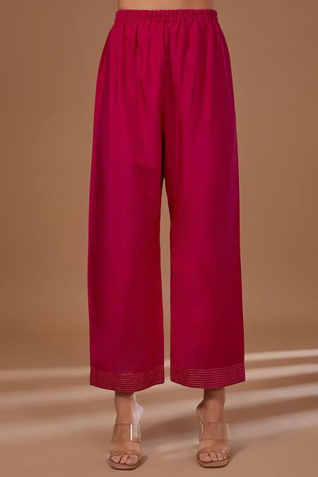 BAIDEHI Pink Chanderi Silk, Chiffon Beads V-neck Placed Embroidered Kurta Pant Set Online at Aza Fashions BAIDEHI_Pink Chanderi Silk, Chiffon Beads V-neck Placed Embroidered Kurta Pant Set _Online_at_Aza_Fashions