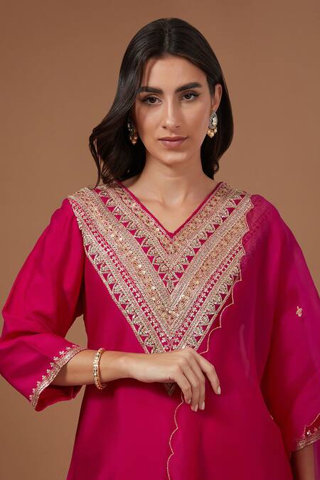 Buy BAIDEHI Pink Chanderi Silk, Chiffon Beads V-neck Placed Embroidered Kurta Pant Set Online at Aza Fashions Buy_BAIDEHI_Pink Chanderi Silk, Chiffon Beads V-neck Placed Embroidered Kurta Pant Set _Online_at_Aza_Fashions