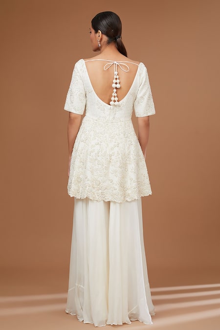 Shop BAIDEHI White Bamboo, Chiffon, Georgette Floral Embroidered Peplum Kurta Sharara Set at Aza Fashions Shop_BAIDEHI_White Bamboo, Chiffon, Georgette Floral Embroidered Peplum Kurta Sharara Set _at_Aza_Fashions