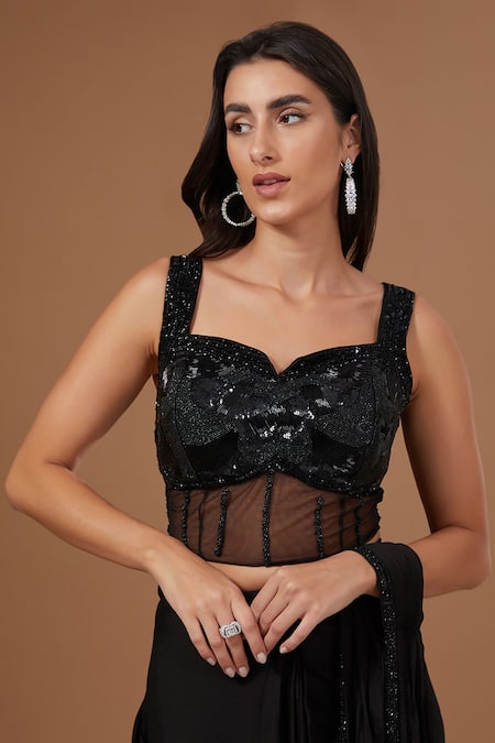 Buy_Baidehi_Black Net, Georgette Sequins, Beads Embroidered Border Pre-draped Saree Set _Online_at_Aza_Fashions