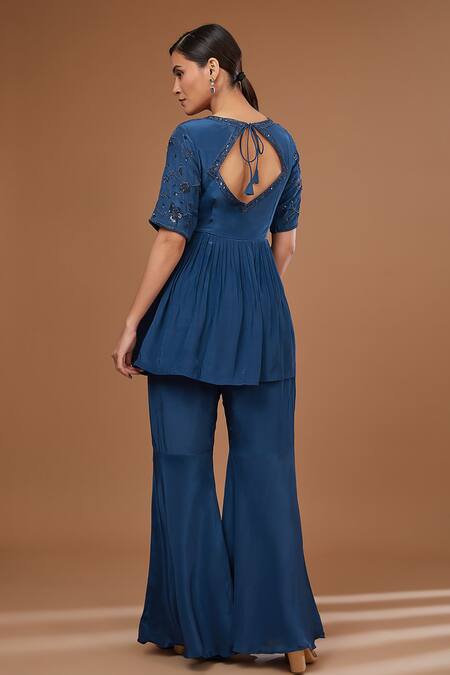 Shop BAIDEHI Blue Crepe Beads, Sequins Floral Jaal Embroidered Peplum Kurta Sharara Set at Aza Fashions Shop_BAIDEHI_Blue Crepe Beads, Sequins Floral Jaal Embroidered Peplum Kurta Sharara Set_at_Aza_Fashions