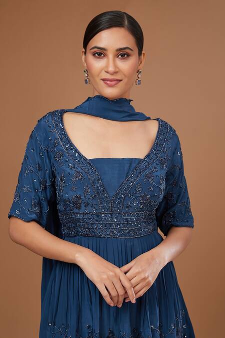 Buy BAIDEHI Blue Crepe Beads, Sequins Floral Jaal Embroidered Peplum Kurta Sharara Set Online at Aza Fashions Buy_BAIDEHI_Blue Crepe Beads, Sequins Floral Jaal Embroidered Peplum Kurta Sharara Set_Online_at_Aza_Fashions