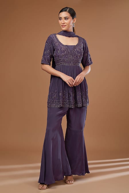 BAIDEHI Purple Crepe Embroidered Sequin U-neck Floral Jaal Peplum Kurta Sharara Set 