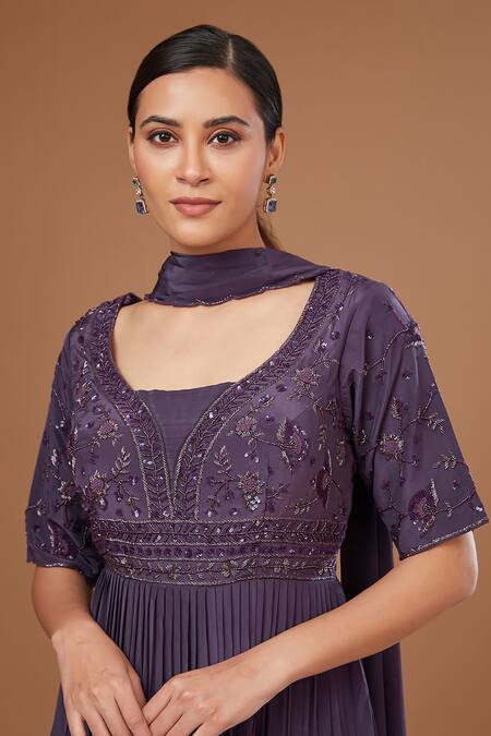 Buy_BAIDEHI_Purple Crepe Beads, Sequins Floral Jaal Embroidered Peplum Kurta Sharara Set_Online_at_Aza_Fashions