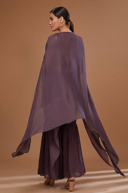 Shop BAIDEHI Brown Net, Chiffon, Georgette Embellished Border Cape Embroidered Blouse Set at Aza Fashions Shop_BAIDEHI_Brown Net, Chiffon, Georgette Embellished Border Cape Embroidered Blouse Set_at_Aza_Fashions