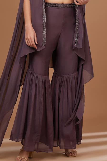 BAIDEHI Brown Net, Chiffon, Georgette Embellished Border Cape Embroidered Blouse Set Online at Aza Fashions BAIDEHI_Brown Net, Chiffon, Georgette Embellished Border Cape Embroidered Blouse Set_Online_at_Aza_Fashions