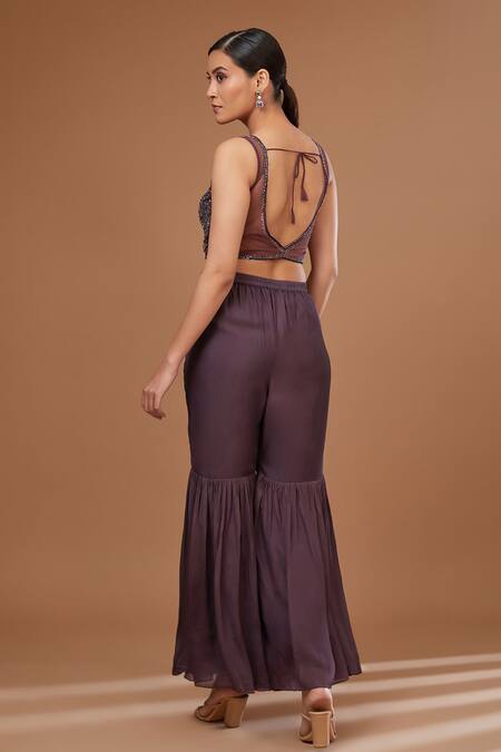 Shop BAIDEHI Brown Net, Chiffon, Georgette Embellished Border Cape Embroidered Blouse Set Online at Aza Fashions Shop_BAIDEHI_Brown Net, Chiffon, Georgette Embellished Border Cape Embroidered Blouse Set_Online_at_Aza_Fashions