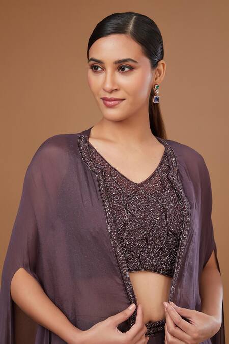 BAIDEHI Brown Net, Chiffon, Georgette Embellished Border Cape Embroidered Blouse Set at Aza Fashions BAIDEHI_Brown Net, Chiffon, Georgette Embellished Border Cape Embroidered Blouse Set_at_Aza_Fashions