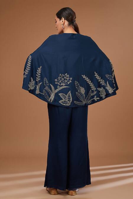 Shop BAIDEHI Blue Chiffon Cut Work, Embroidery Round Neck Floral Cape Palazzo Set at Aza Fashions Shop_BAIDEHI_Blue Chiffon Cut Work, Embroidery Round Neck Floral Cape Palazzo Set _at_Aza_Fashions
