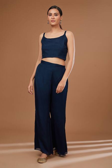 BAIDEHI Blue Chiffon Cut Work, Embroidery Round Neck Floral Cape Palazzo Set Online at Aza Fashions BAIDEHI_Blue Chiffon Cut Work, Embroidery Round Neck Floral Cape Palazzo Set _Online_at_Aza_Fashions