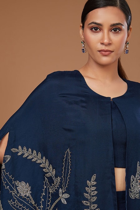 Shop BAIDEHI Blue Chiffon Cut Work, Embroidery Round Neck Floral Cape Palazzo Set Online at Aza Fashions Shop_BAIDEHI_Blue Chiffon Cut Work, Embroidery Round Neck Floral Cape Palazzo Set _Online_at_Aza_Fashions