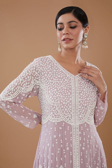 Baidehi_Purple Georgette Pearls, Cut Work, Sequins Round Neck And Cutdana Embroidered Gown _Online_at_Aza_Fashions