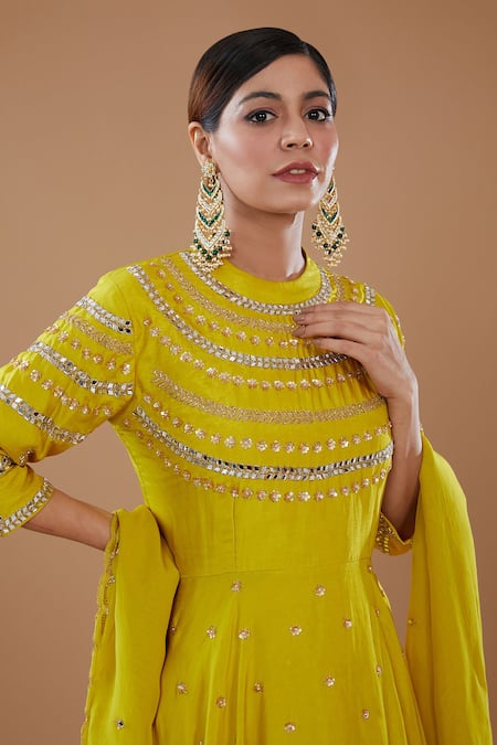 Baidehi_Yellow Crepe, Silk Sequins, Embroidery Round Neck Peplum Top Skirt Set _Online_at_Aza_Fashions