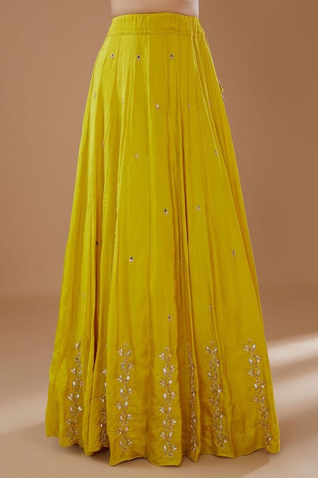 Buy_Baidehi_Yellow Crepe, Silk Sequins, Embroidery Round Neck Peplum Top Skirt Set _Online_at_Aza_Fashions