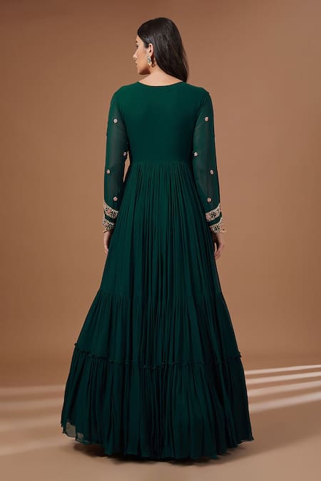 Shop Baidehi Green Georgette Embroidery Round Neck Tiered Anarkali at Aza Fashions Shop_Baidehi_Green Georgette Embroidery Round Neck Tiered Anarkali _at_Aza_Fashions