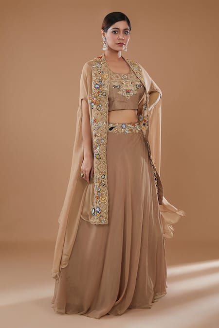 BAIDEHI Brown Organza Embroidered Resham Round Floral And Paisley Cape Lehenga Set 