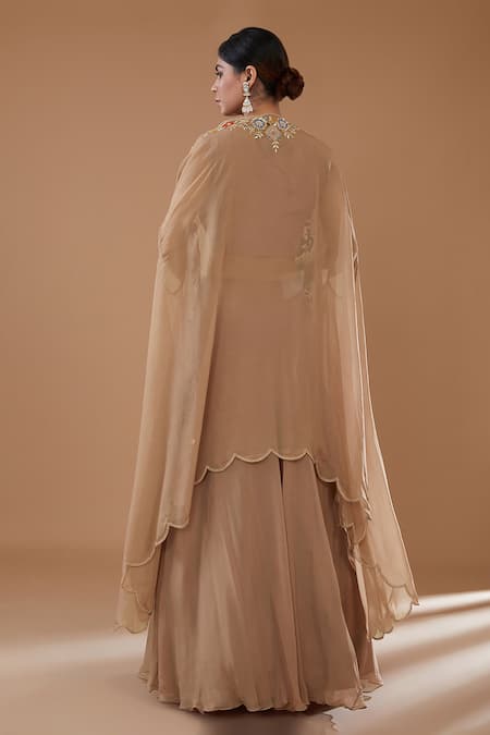 Shop BAIDEHI Brown Organza, Silk, Bamboo Sequins, Floral And Paisley Cape Lehenga Set at Aza Fashions Shop_BAIDEHI_Brown Organza, Silk, Bamboo Sequins, Floral And Paisley Cape Lehenga Set _at_Aza_Fashions