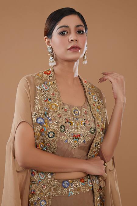 Buy BAIDEHI Brown Organza, Silk, Bamboo Sequins, Floral And Paisley Cape Lehenga Set Online at Aza Fashions Buy_BAIDEHI_Brown Organza, Silk, Bamboo Sequins, Floral And Paisley Cape Lehenga Set _Online_at_Aza_Fashions