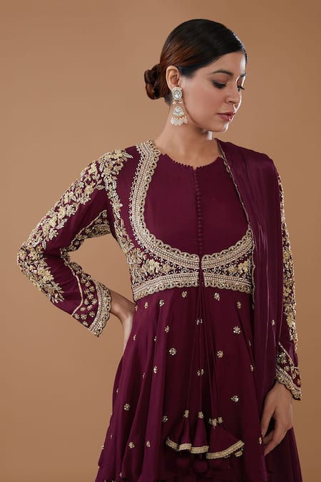 Buy BAIDEHI Wine Crepe, Silk Cut Work, Peplum Top Lehenga Set Online at Aza Fashions Buy_BAIDEHI_Wine Crepe, Silk Cut Work, Peplum Top Lehenga Set _Online_at_Aza_Fashions