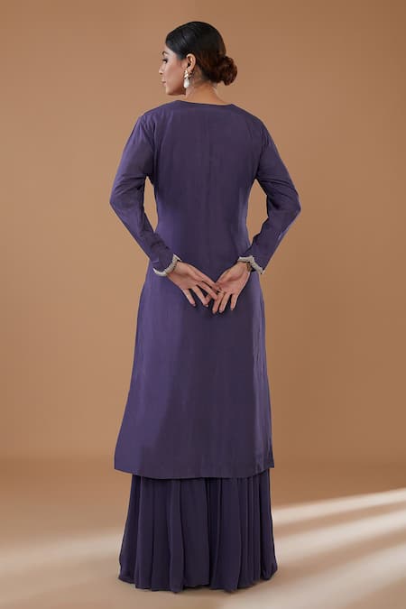 Shop_Baidehi_Purple Organza, Georgette, Bamboo Sequins, Embroidery Floral Kurta Gharara Set _at_Aza_Fashions