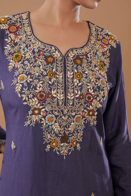 Buy_Baidehi_Purple Organza, Georgette, Bamboo Sequins, Embroidery Floral Kurta Gharara Set _Online_at_Aza_Fashions