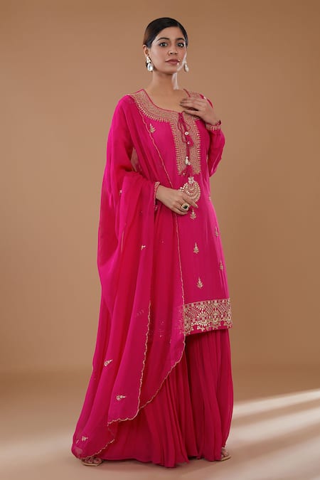 BAIDEHI Fuchsia Bamberg Silk Embroidered Thread Round Sequin And Kurta Gharara Set 