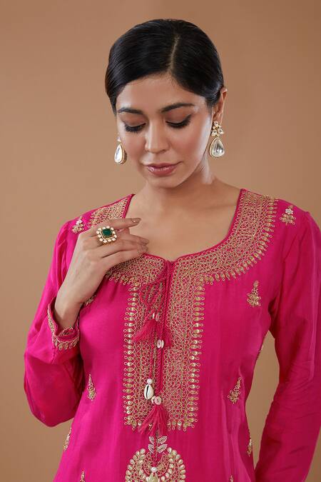 Buy BAIDEHI Fuchsia Organza, Georgette, Bamboo Sequins, And Thread Kurta Gharara Set Online at Aza Fashions Buy_BAIDEHI_Fuchsia Organza, Georgette, Bamboo Sequins, And Thread Kurta Gharara Set _Online_at_Aza_Fashions