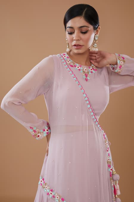 Baidehi_Purple Georgette Sequins, Embroidery Round Attached Cape Blouse And Lehenga Set _Online_at_Aza_Fashions