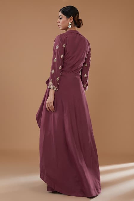 Shop_Baidehi_Brown Silk Embroidery Collared Dabka High Low Tunic And Pant Set _at_Aza_Fashions