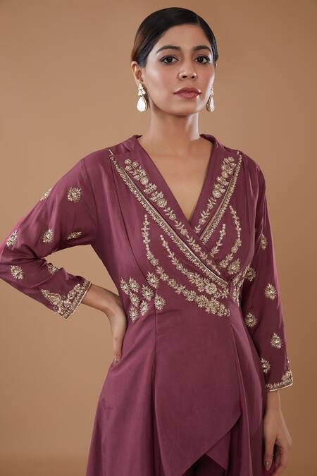 Buy_Baidehi_Brown Silk Embroidery Collared Dabka High Low Tunic And Pant Set _Online_at_Aza_Fashions