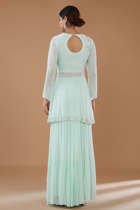 Shop_BAIDEHI_Blue Georgette Cut Work, Pearls, Front-open Embroidered Kurta Sharara Set _at_Aza_Fashions