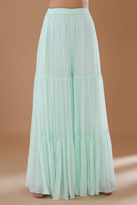 BAIDEHI_Blue Georgette Cut Work, Pearls, Front-open Embroidered Kurta Sharara Set _Online_at_Aza_Fashions