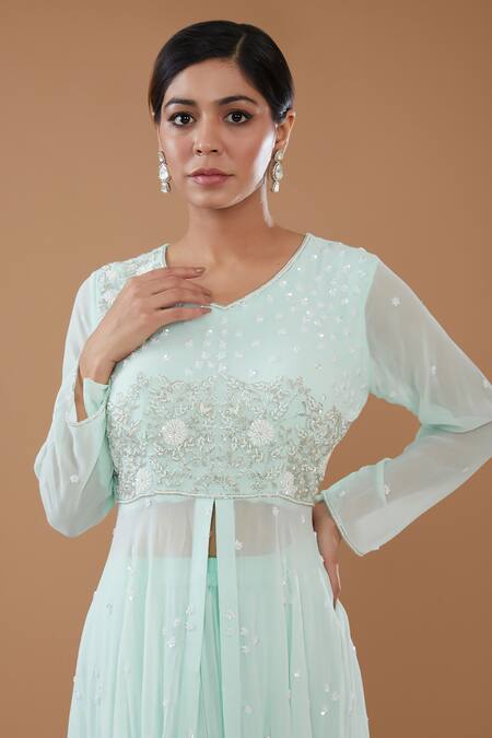 Buy_BAIDEHI_Blue Georgette Cut Work, Pearls, Front-open Embroidered Kurta Sharara Set _Online_at_Aza_Fashions