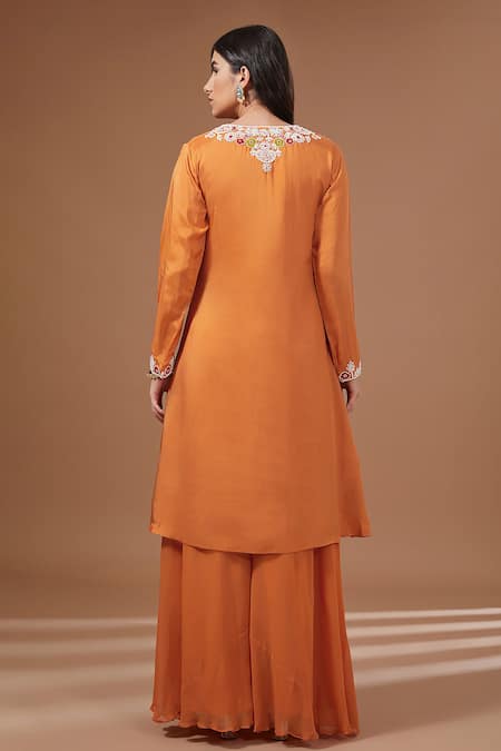 Shop BAIDEHI Orange Bamboo, Georgette Sequins, Embroidery Round Floral Kurta Sharara Set at Aza Fashions Shop_BAIDEHI_Orange Bamboo, Georgette Sequins, Embroidery Round Floral Kurta Sharara Set _at_Aza_Fashions